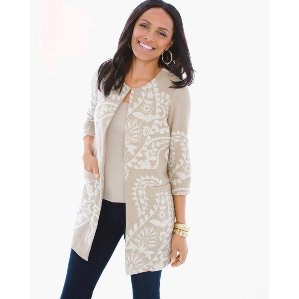 Chico’s Linen Jacquard Floral Open Jacket Medium 8/10